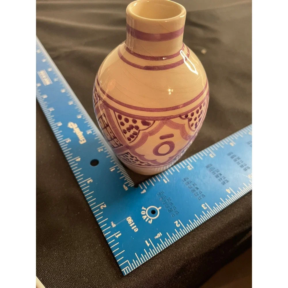 doTERRA Handmade Moroccan‎ Ceramic Bud Vase Purple Hand Painted Geometric 4.5in